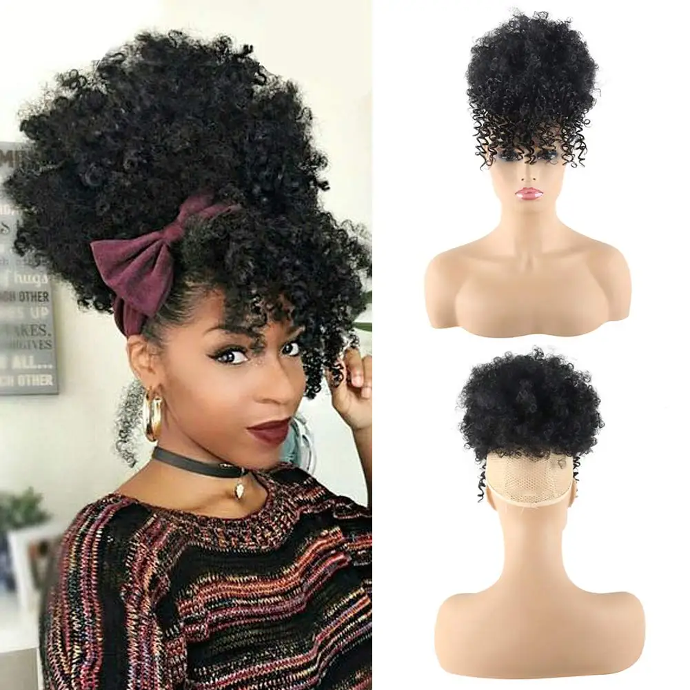

Synthetic High Puff Afro Ponytail with Bangs Short Kinky Curly Ponytail Clip in Hair Extension For Women Pony Tail Bun Hair