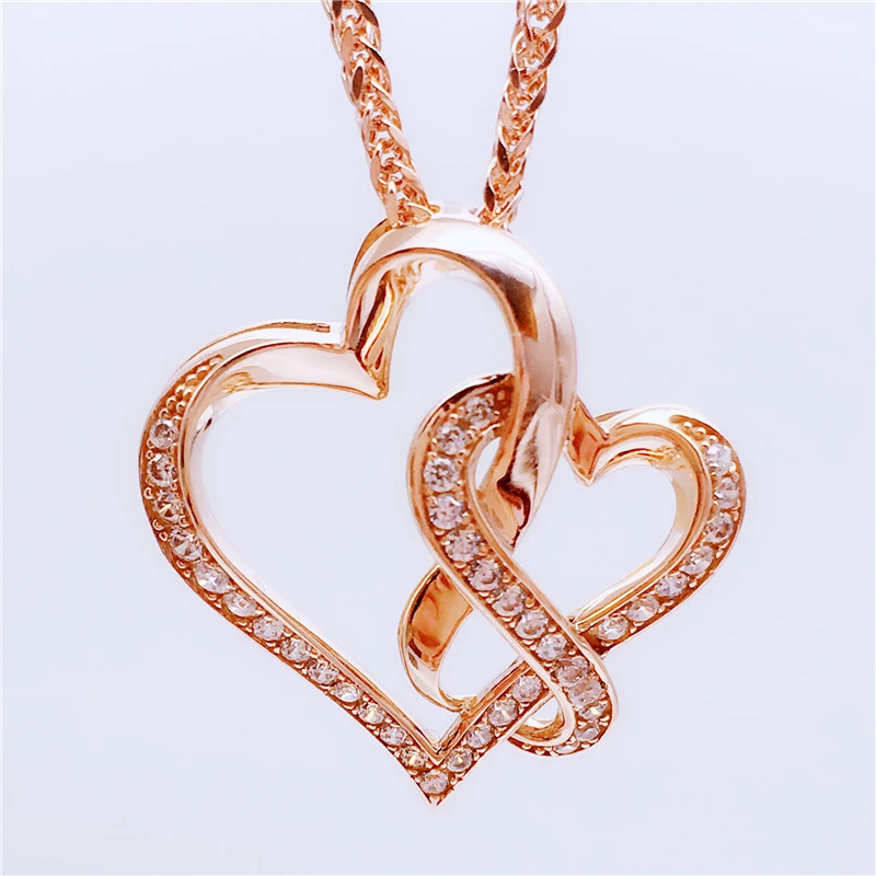 

Женская бижутерия 585, романтическая подвеска в виде двойного сердца из фиолетового золота с изысканными кристаллами, модное ожерелье из роз...