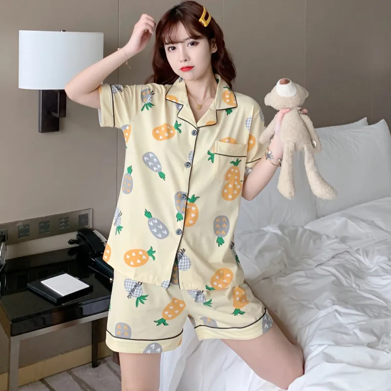 

Pineapple Print Pijamas For Women Summer Cute Nightwear 2Pcs/set Short Sleep Top Pant Homewear Pyjama Suit Soft Casual Pajamas