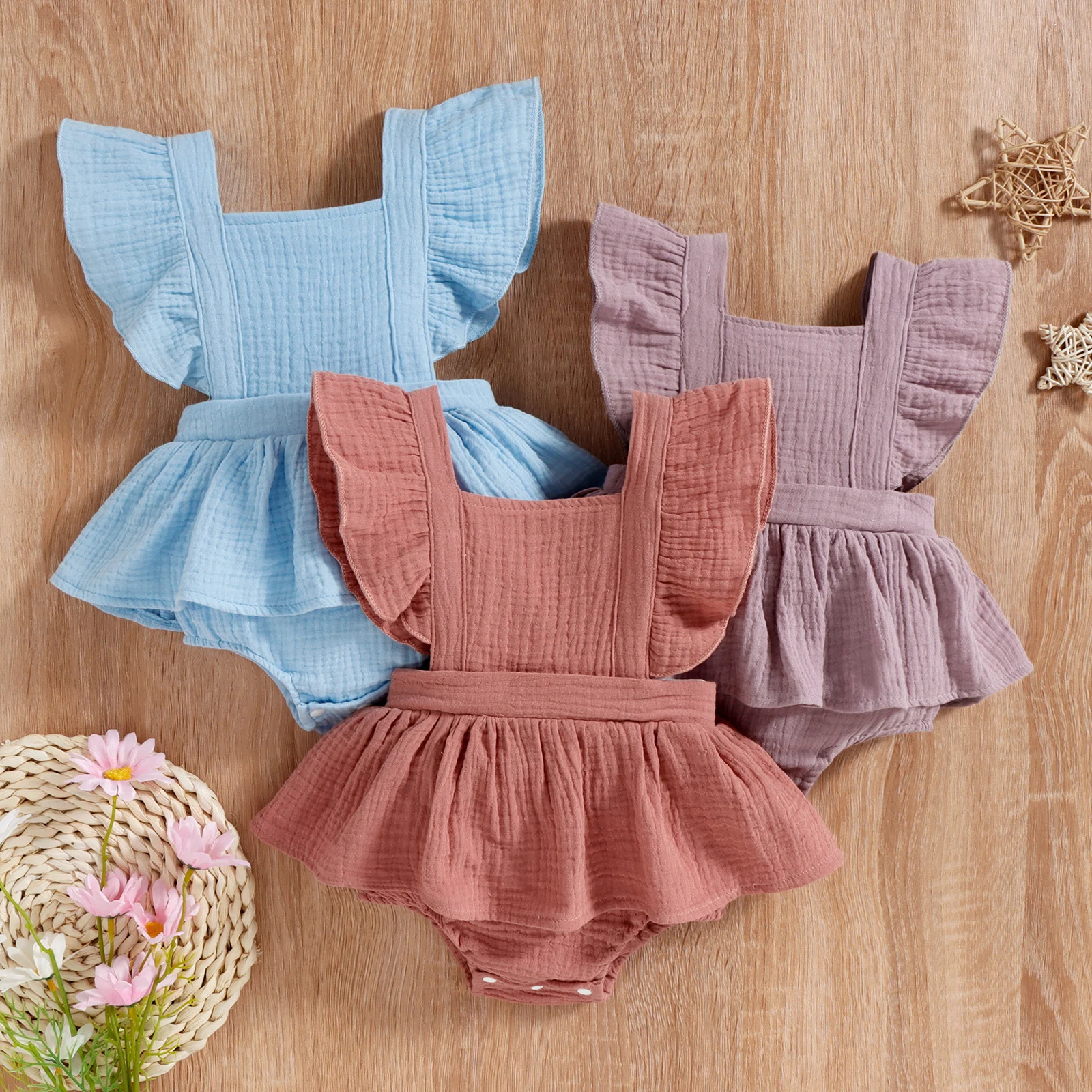 

Toddler Baby Girls Backless Romper Dress Solid Color Square Neck Summer Casual Fly Sleeve Jumpsuit Newborn Clothes