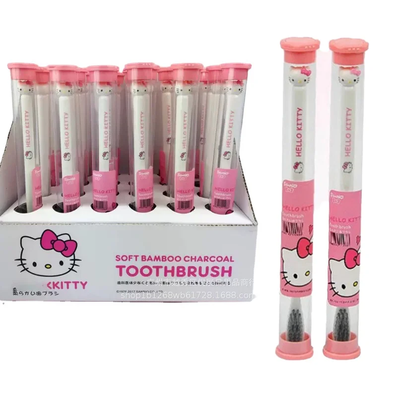 

24Pcs Sanrios Kawaii Kitty Toothbrush Cartoon Childrens Toothbrush Active Bamboo Charcoal Filament Soft Bristle Toothbrush Box