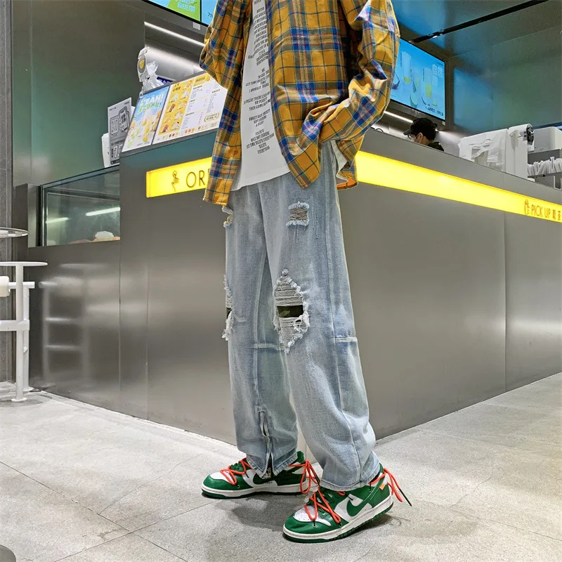 Men's Jeans High Street Ripped Leg Slit Stitching Solid Color Loose Jeans Korean Style Hip-hop Jeans Y2k Streetwear Men Fashion