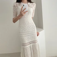 elegant hollow out women knitted short sleeve high waist bandage with vest midi female fashion chic dress set