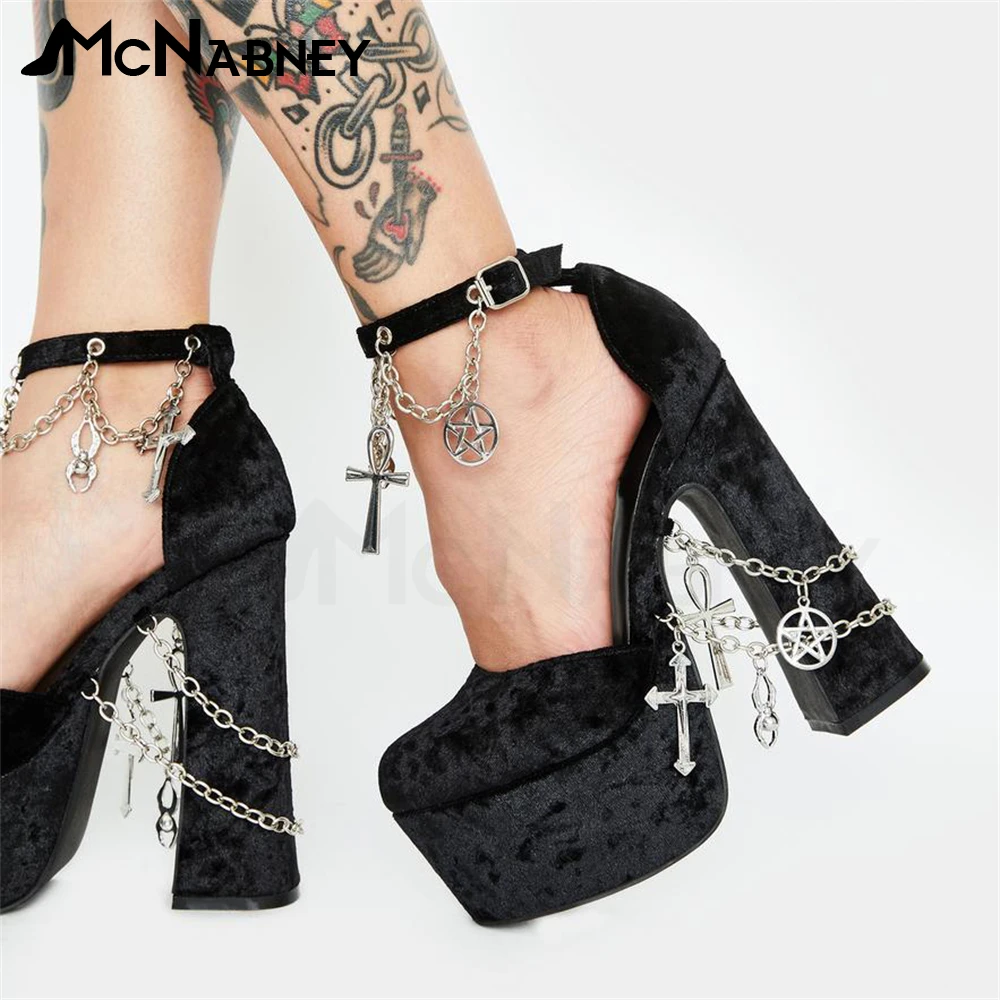 Velvet Platform Pumps Metal Cross Accessories High Heels Ankle Buckle Round Toe Chunky Punk Style Shoes for Ladies Custom Colors