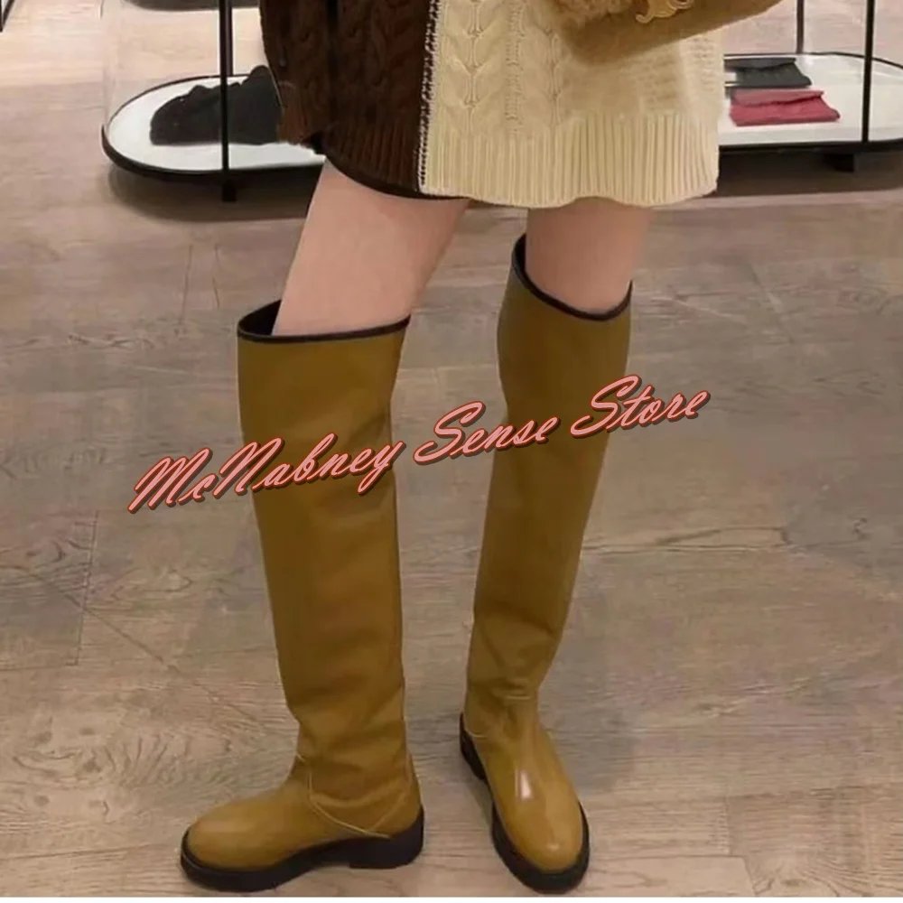 Купи Round Toe Thick Sole Boots Slip On Solid Leather Over The Knee Rain Boots Autumn Party Dress Designer Women Shoes New Style за 5,306 рублей в магазине AliExpress