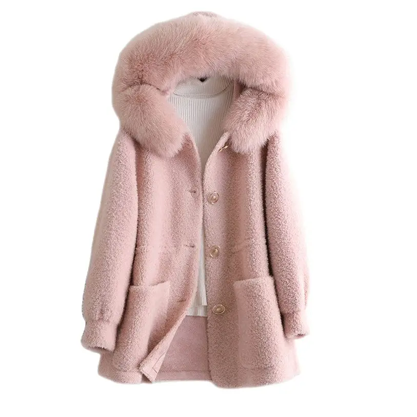 

Pudi Women Real Wool Fur Coat Jacket Female Lady Girl Fox Fur Collar Winter Warm Sheep Fur Hooded Coats Parka Trench A50113