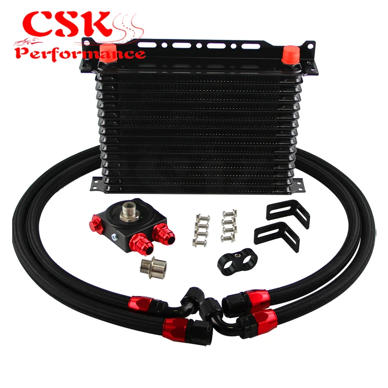 

High Performance 15 Row 10AN Aluminum Universal Engine Oil Cooler Thermostatic Oil Filter Adapter Kit & Mount Bracket