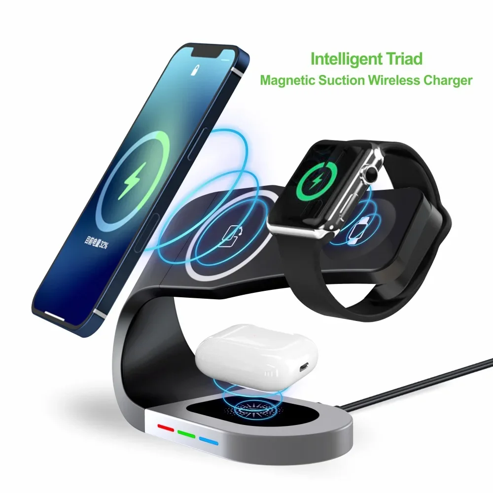 

3-in-1 Wireless Charger stand Mini Magnetic charging dock for Samsung phones, iPhone8 and above, Airpods Apple Watch 8 charger