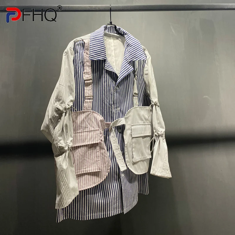 

PFHQ 2023 Personality Niche Design Men's Stripe Patchwork Shirts Parachute Pockets Decorate Stylish Elegant Tops Original Trendy