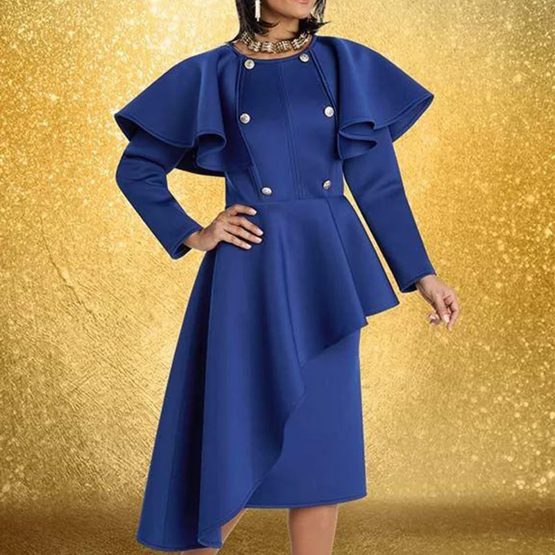 

Женское асимметричное платье с круглым вырезом, длинным рукавом и баской, элегантное вечернее платье на пуговицах с высокой талией, весна ...