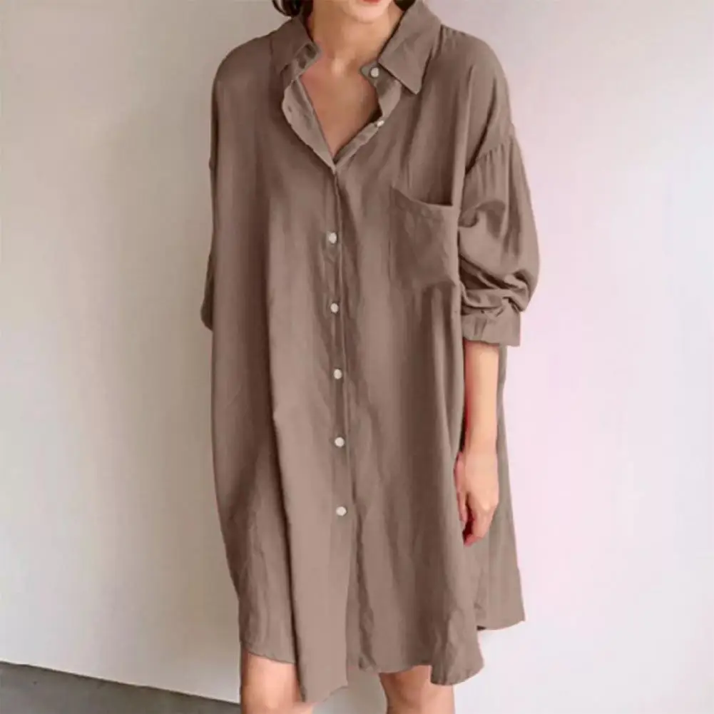 

Turn-down Collar Long Sleeve Patch Pocket Women Shirt Women Casual Loose Buttons Mid-Length Shirt Top Streetwear