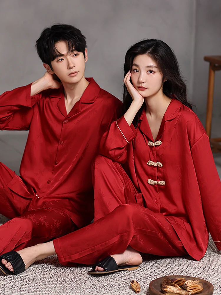 Пижамы для пар из ледяного шелка женские весенне-осенние мужские красные пижамы