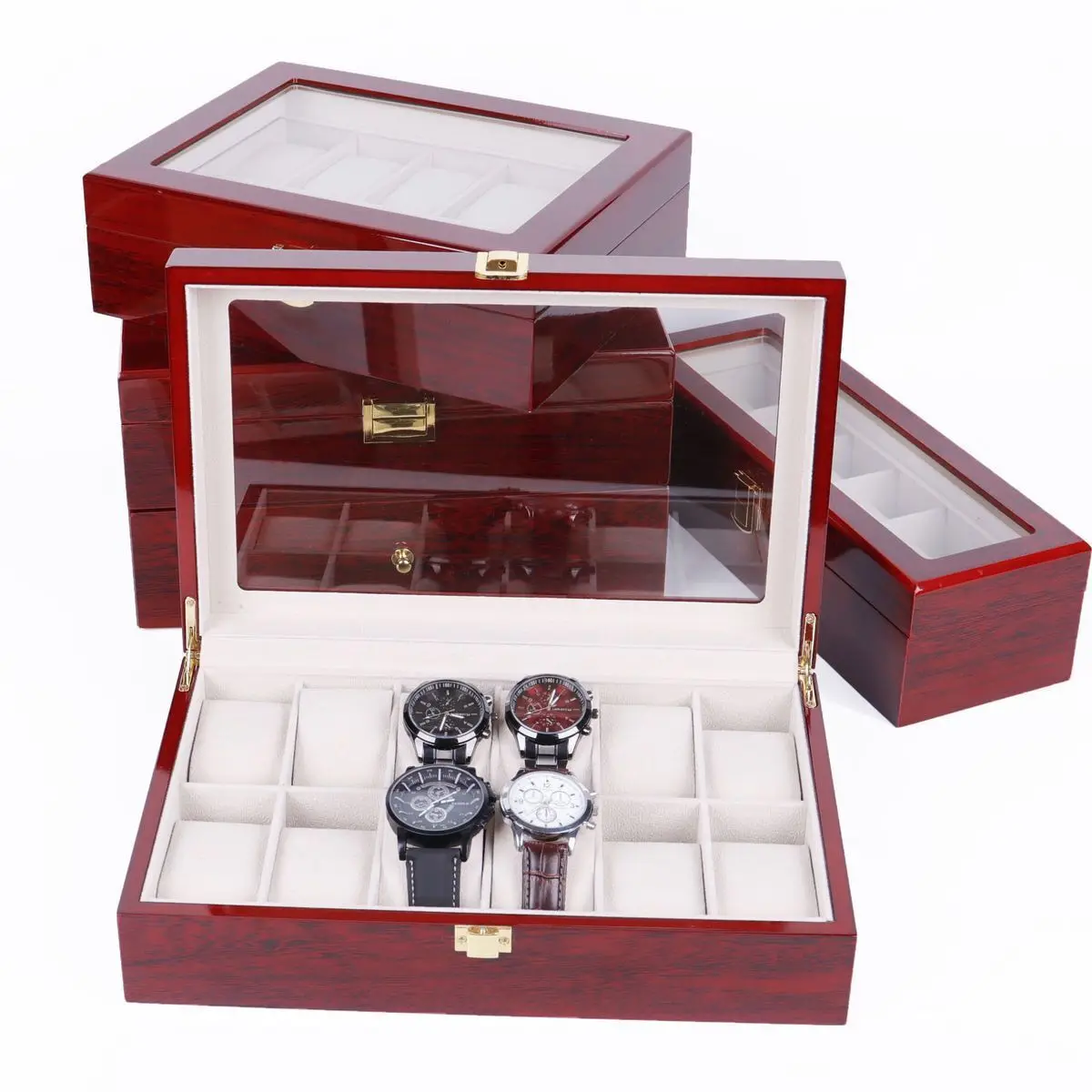 Caja de exhibición de reloj de madera, organizador mecánico de almacenamiento de joyería, soporte de regalo, color rojo claro, 2/3/5/6/10/12 ranuras, nuevo