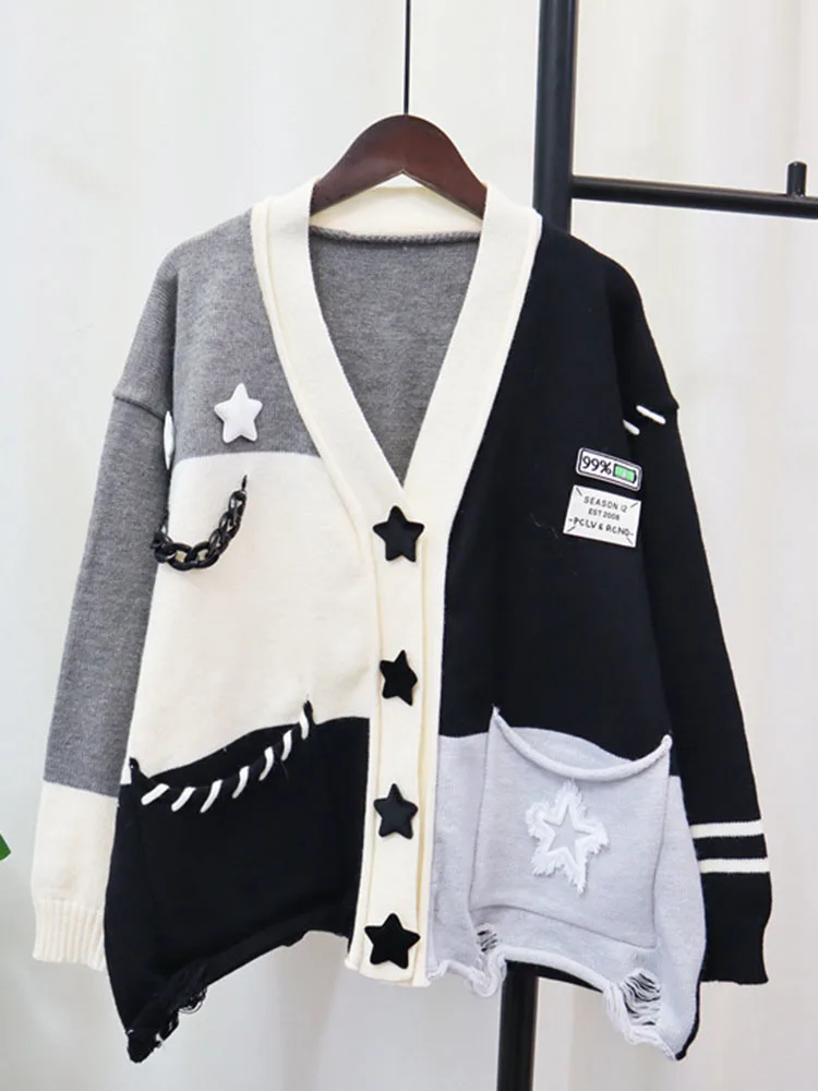 

Color Block Knitted Women Sweater V Neck Full Sleeve Niche Design Loose Single Brewed Fashion New Autumn Sweater Coat Women