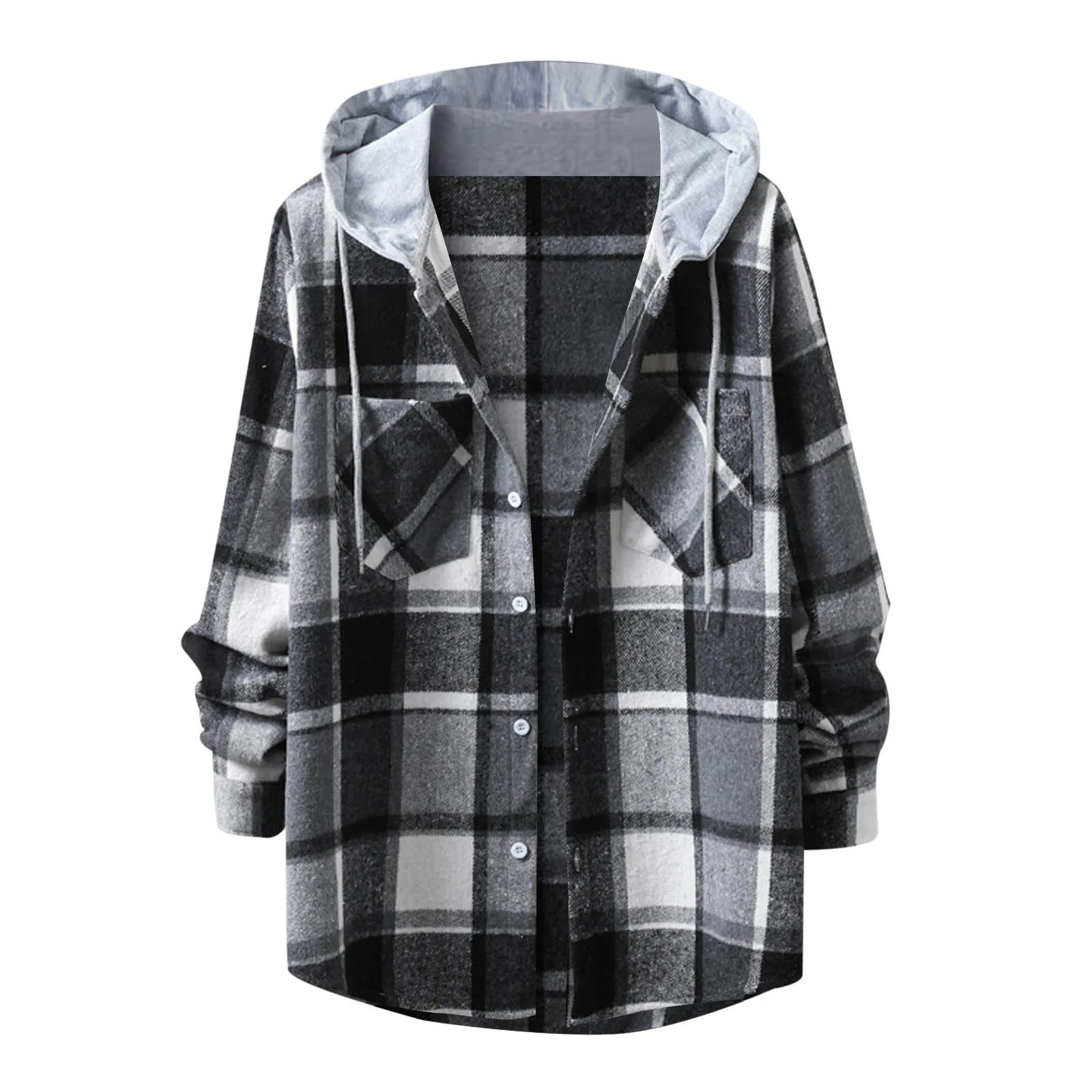 

Клетчатая рубашка с капюшоном для мужчин, сетчатая туника на шнурке с карманами, свободный шерстяной топ с длинными рукавами, модные повседневные рубашки на весну и осень