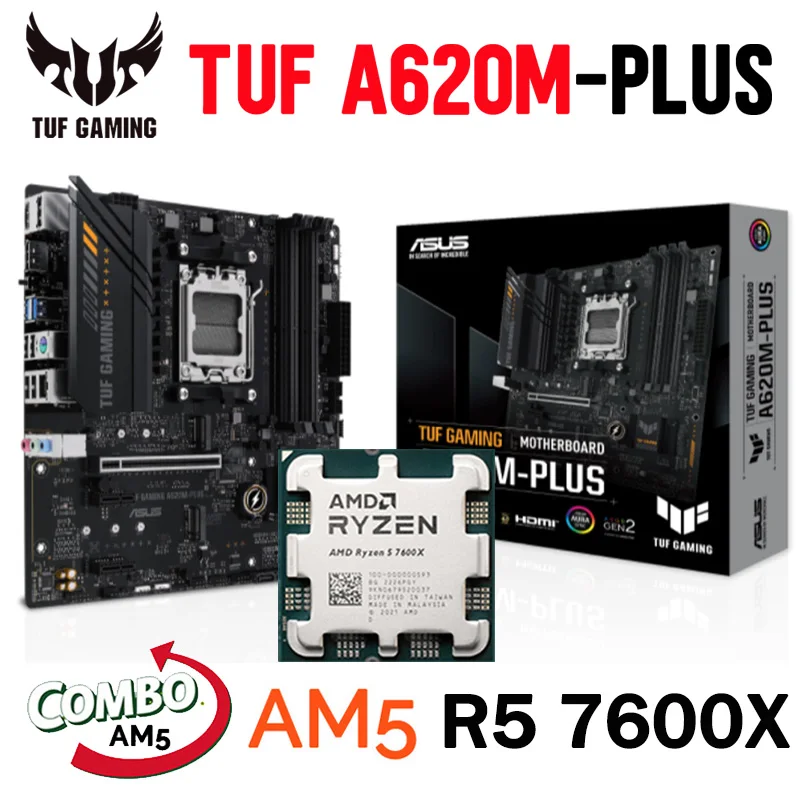 

AMD A620 ASUS TUF GAMING A620M-PLUS DDR5 Mainboard With AMD Ryzen 5 7600X Processor CPU Kit DDR5 Gaming M.2 128GB PCIe 4.0 NEW