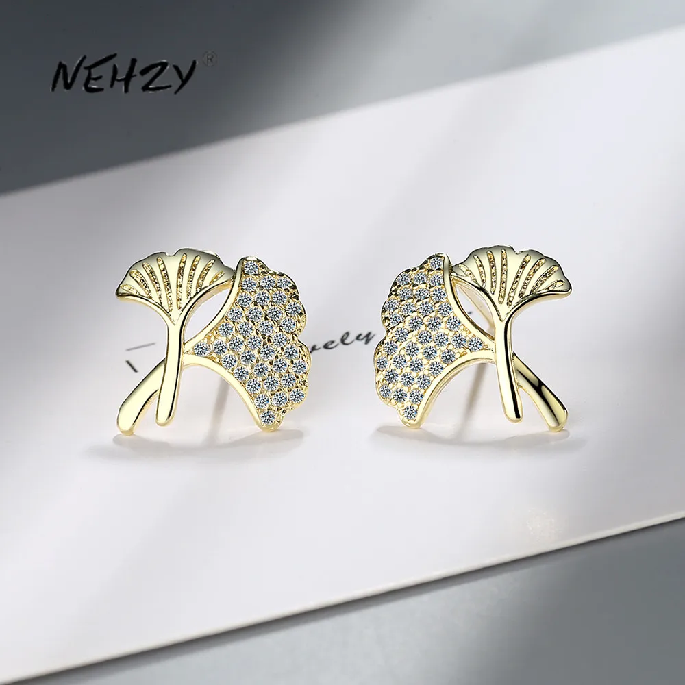 

Wholesale S925 Sterling Silver Women Fashion Jewelry High Quality Simple Crystal Zircon Gold Silver Leaf Earrings