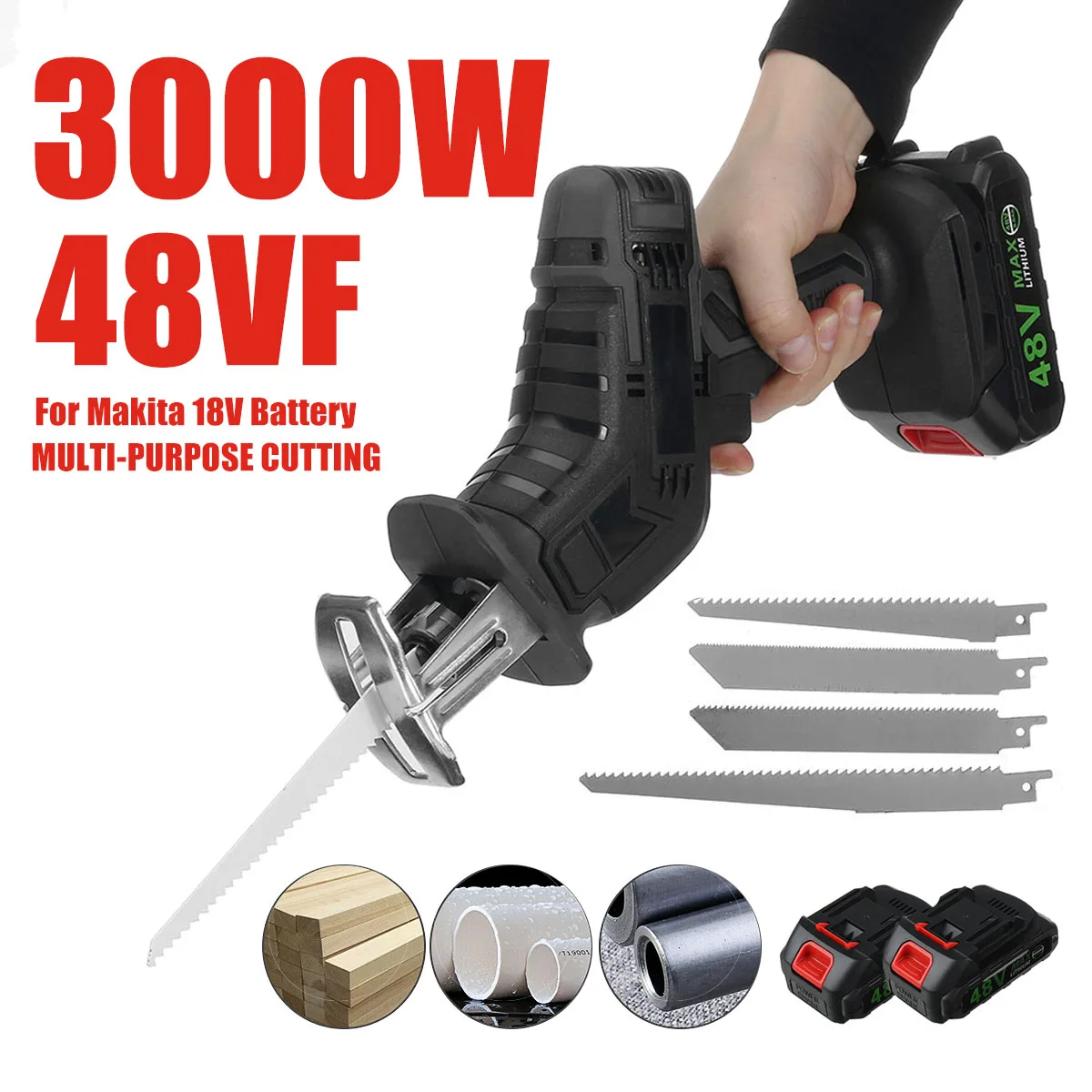 

48V Cordless Reciprocating Saw + 4 Saw Blades Metal Cutting Wood Tool Portable Woodworking Cutters Saw with 1/2 Batterys Charge