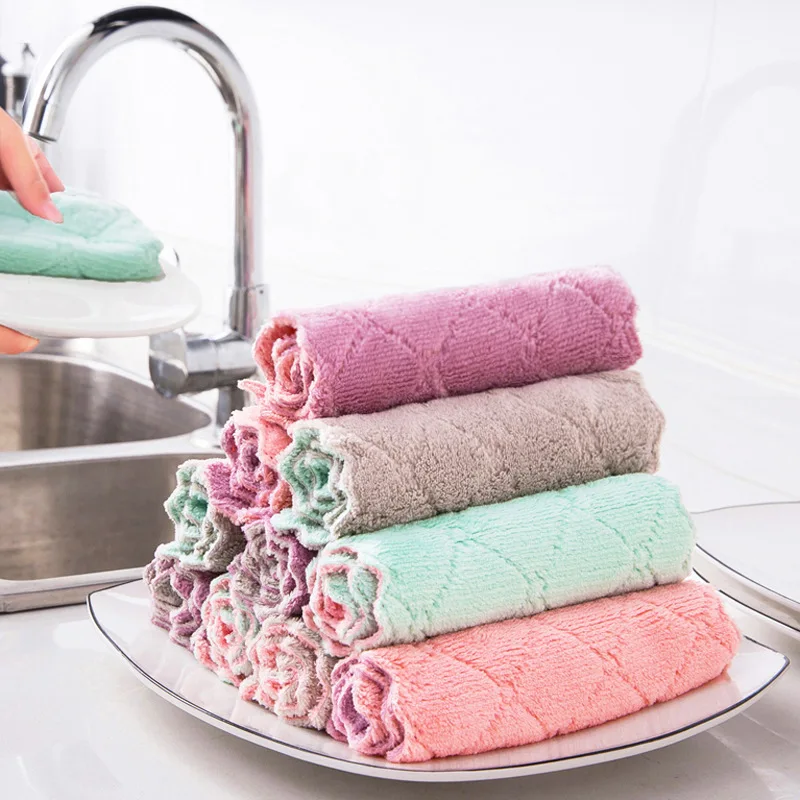 

10PCS Double-layer Kitchen Dish Cloth Absorbent Microfiber Non-stick Oil Rags Household Cleaning Wiping Towel Cleaning Tools