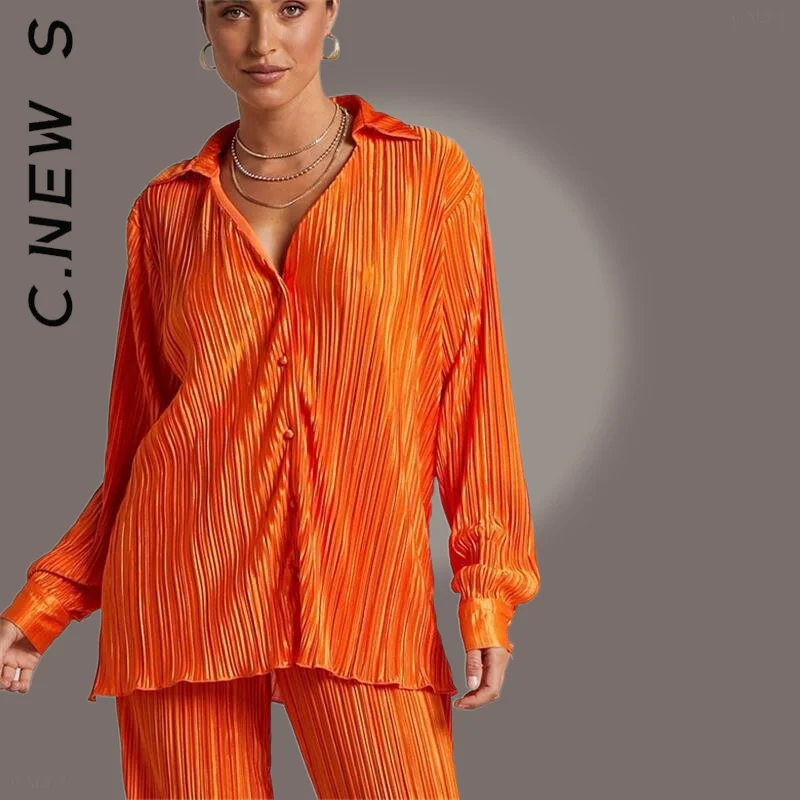 

Женский спортивный костюм C.New S, Модный мягкий костюм для женщин, свободные длинные брюки, плиссированный комплект из двух предметов с длинн...