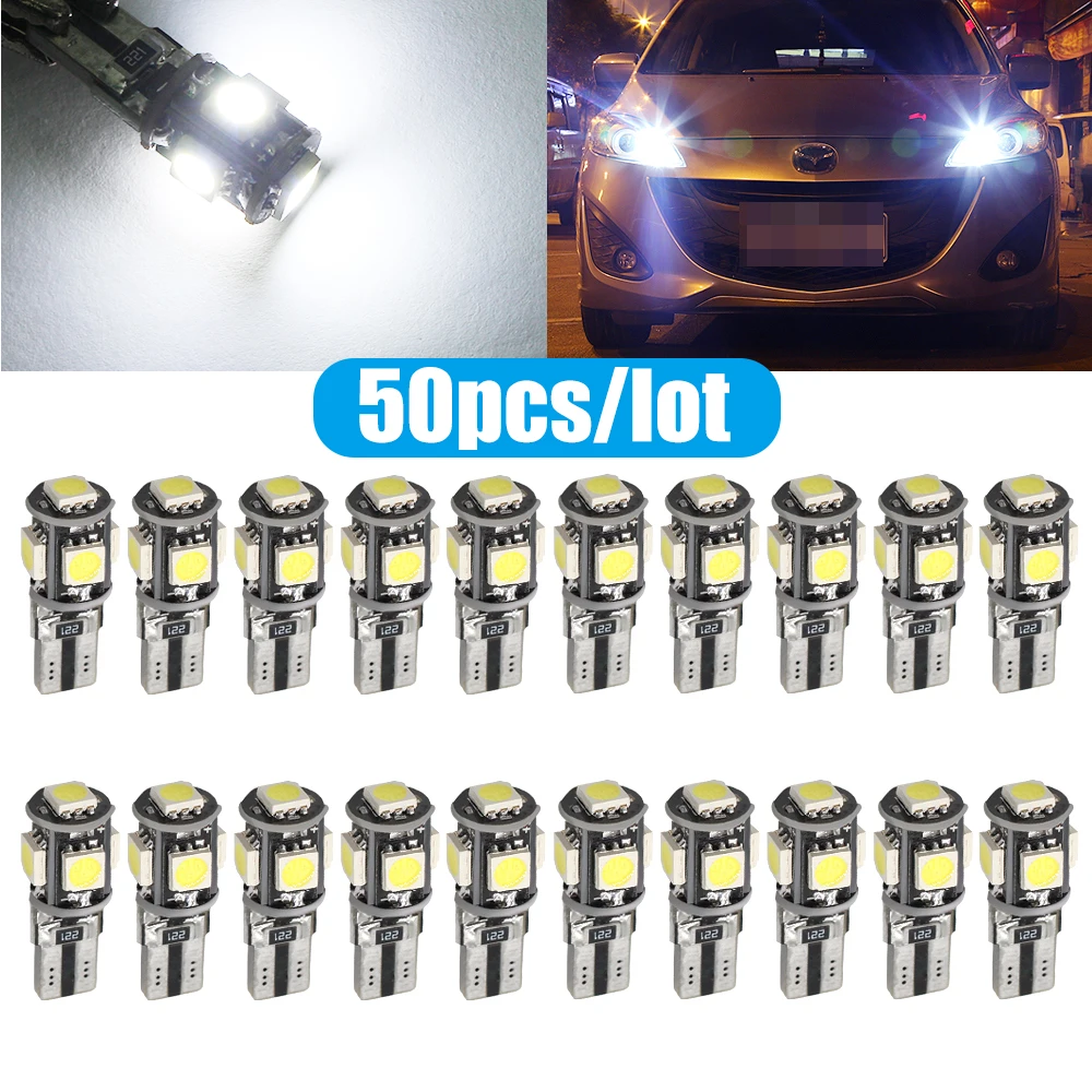 

50Pcs T10 LED Bulb Canbus 12V 5050 5 Smd 6000K 5W5 W5W LED No Error Car Wedge Side Signal Clearance Lamp Super Bright White