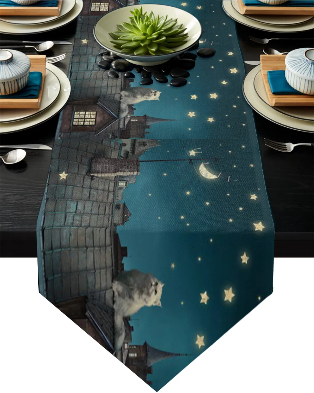 

Roof Kitten Night Moon Stars Fashion Table Runners Cotton Linen Table Runner Wedding Party Decoration Home Table Runner