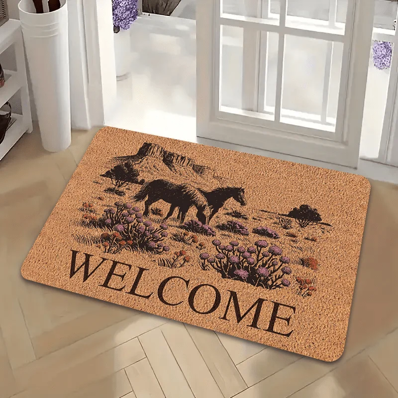 Фото Фланелевый придверный коврик Western Horse & Wildflower Welcome, с деревенским природным дизайном, противоскользящий, впитывающий влагу, для прихожей и веранды №5