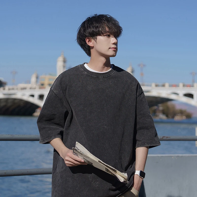 

Футболка мужская оверсайз с коротким рукавом, хлопок, повседневная промытая, брендовая однотонная одежда в стиле хип-хоп