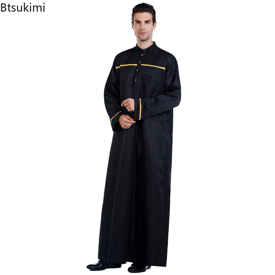 Muslim Jubba Thobe Islam Djellaba Men Plain Stand Collar Robe Middle East Turkish Arab Men Kaftan Business Long Sleeve Abayas