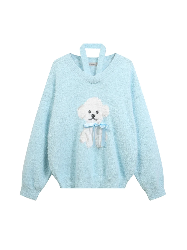 Korean Sle Puppy Jacquard Hanging Neck V-neck Sweater Women's 2024 New Loose Sweet Soft Glutinous Knit Top