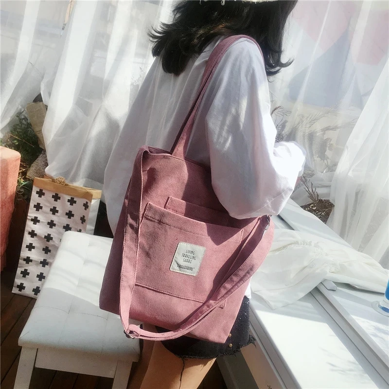 

Women Canvas Shoulder Bag Ladies Casual Corduroy Tote Soft Crossbody Bags Books Bag Striped Cloth Female Handbag Shopping Bags