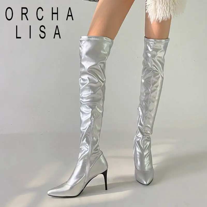 

ORCHA LISA Brand Shoe Women Thigh Boots Pointed Toe Thin High Heels 7.5cm Zip Large Size 47 48 Stretchy Sexy Party Booty S4587