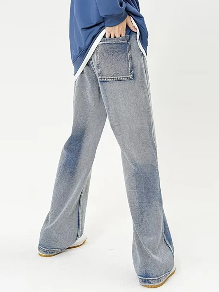 Embroidered Letter Tie Dye Wash Jeans For Men American Fashion Brand Loose Straight Trousers Casual Micro Flared Jeans For Men