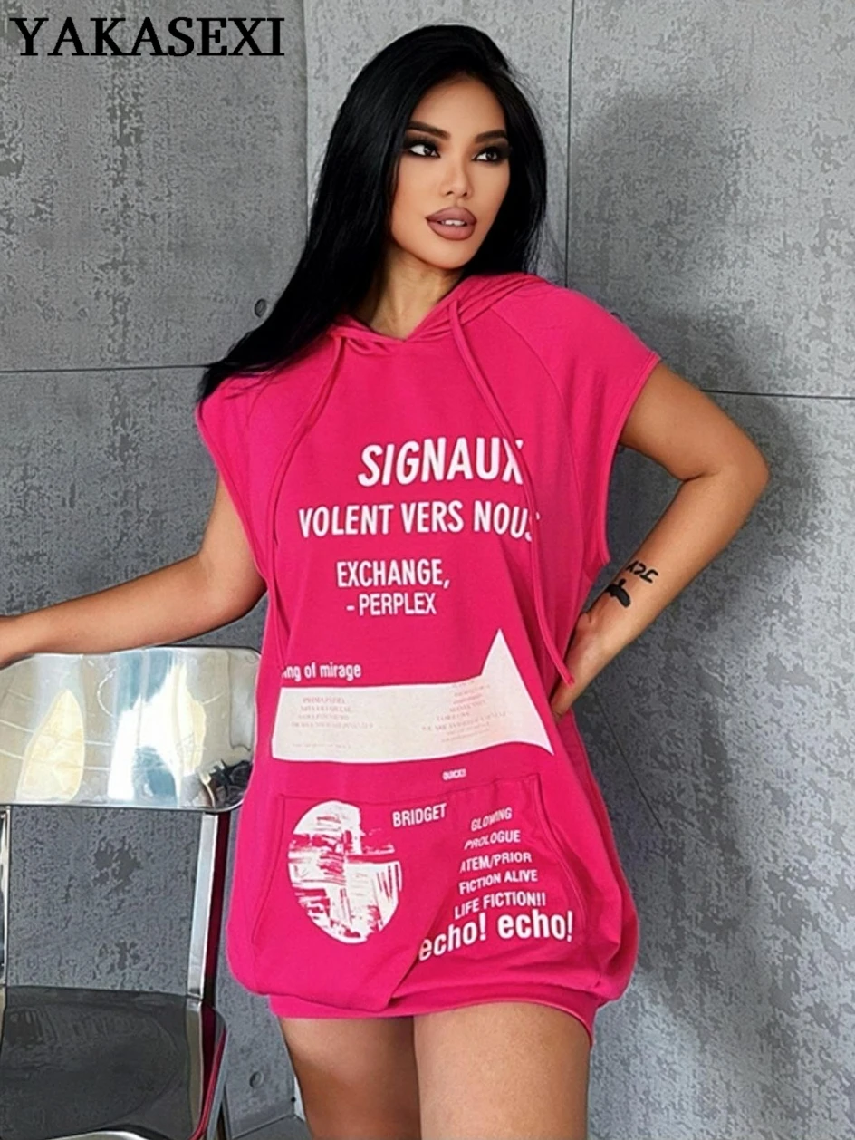 

YAKASEXI 2022 Толстовка Свитшот мини-платье женское Y2K без рукавов с надписью вечерние Свободные мини-платья летние Харадзюку пуловер для вечерни...