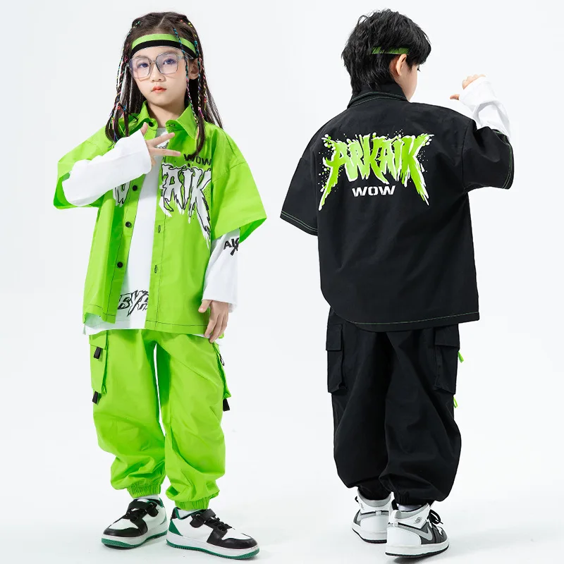 

Детская Спортивная уличная одежда для мальчиков и девочек, модная Повседневная рубашка с коротким рукавом в стиле хип-хоп, комплекты брюк-карго, танцевальная одежда, детские спортивные костюмы