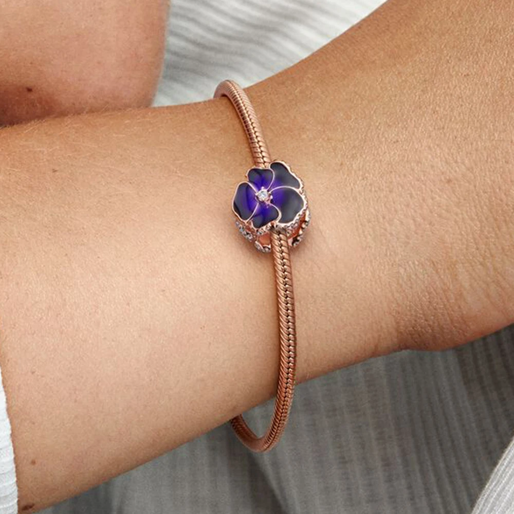 Pandora-Bracelet à breloques fleur de pansy pour femme, bleu, violet, rose, cadeau de bricolage exécutif, fête d'anniversaire