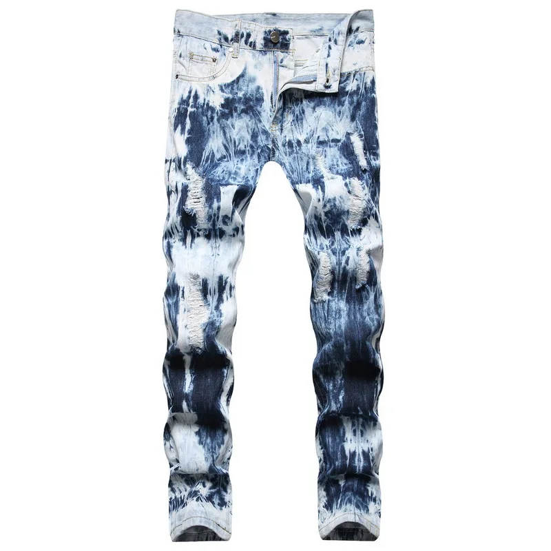 Men Tie Dye Casual Streetwear Light Snow Wash Skinny Hole Denim Jeans Fashion Mens Ripped Jeans Slim Fit Stretch Denim Pants