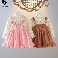 girls dresses spring autumn 2022 kids baby girls floral long sleeve a line dress cute fake two pieces patchwork princess dresses