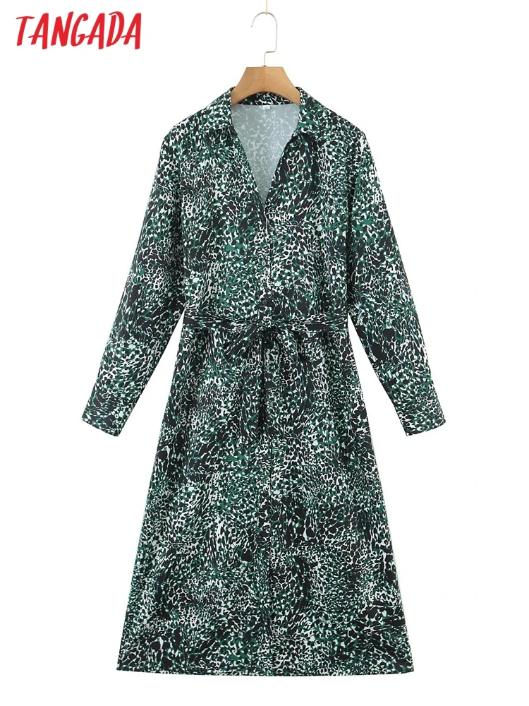 

Tangada 2022 Fashion Women Green Leopard Print Dress with Slash Long Sleeve Office Ladies Midi Dress SL77