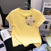 three dimensional rose embroidery beads round neck short sleeved t shirt for women 2022 summer new chic top yellow cotton tee