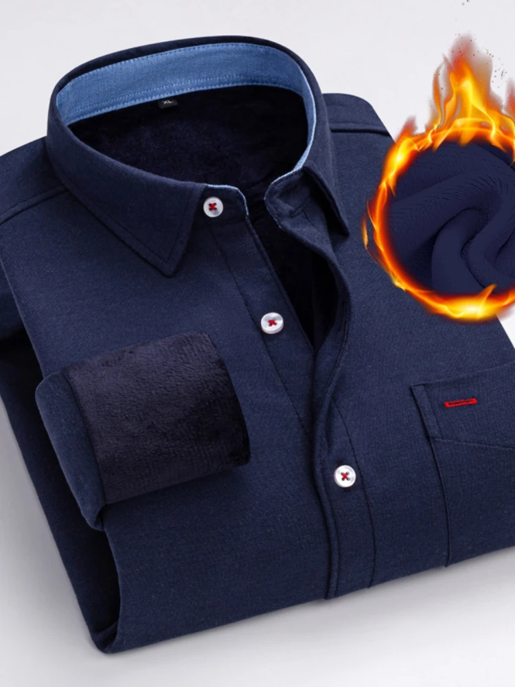 Casual Plush Thickened Shirt Warm Keeping Solid Color Business Long Sleeve Shirt Base Coat Winter Men's Solid Color Shirt