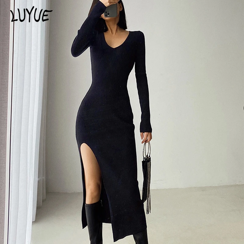 

Длинное облегающее платье с разрезом, пуловер, свитер, женское привлекательное французское платье выше колена, элегантное клубвечерние праздничное платье с длинным рукавом и V-образным вырезом