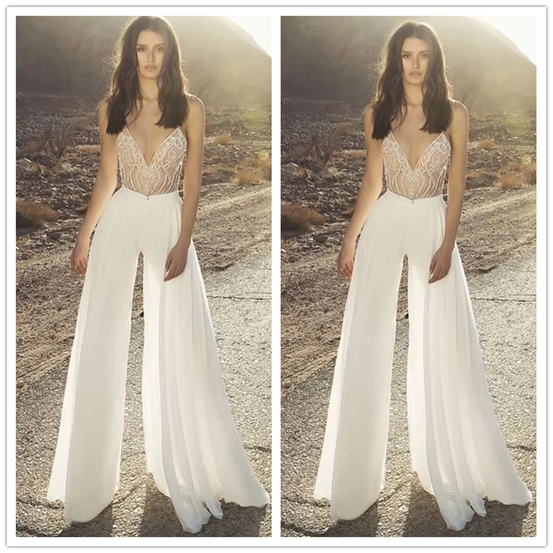 

Mandylandy Women Sexy Strap Jumpsuit Lady Elegant Fashion Sleeveless Deep V Neck High Waist Corset Loose Romper Trousers