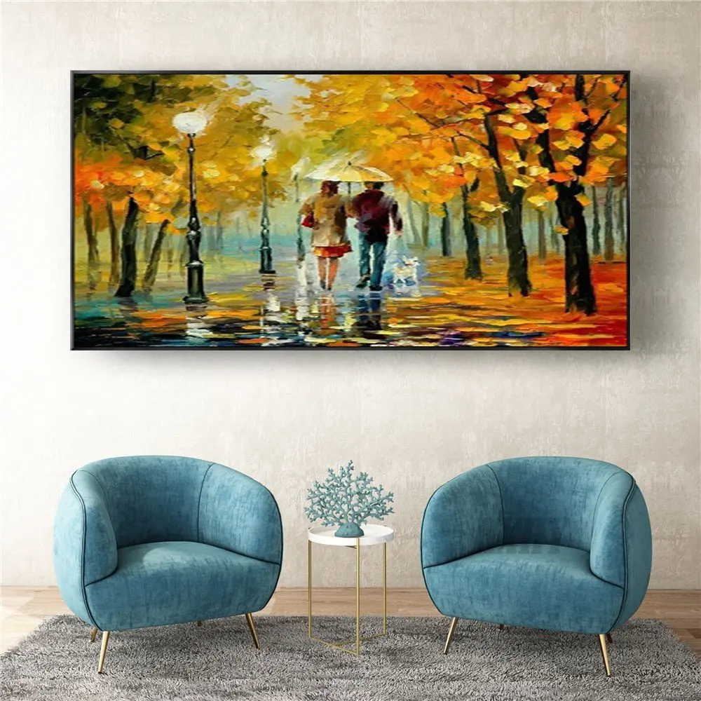 

Modern Home Decor Wall Art Pictures Hand-Painted Oil Painting Knife Picture Street Scene Wood Lovers On Canvas Trim Living Room