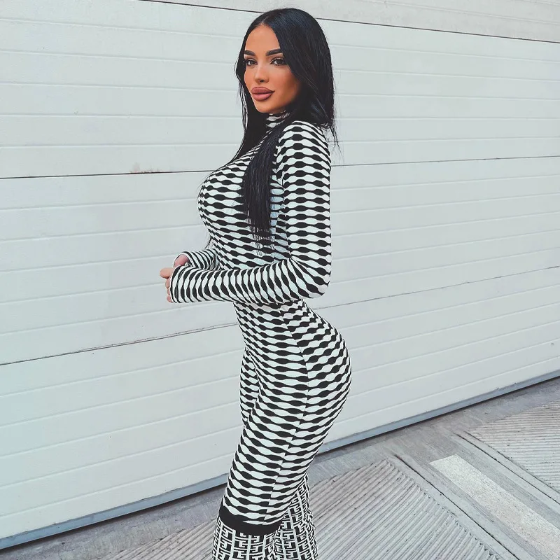 2023 Summer Women's New Thousand Bird Checker Printed Zipper High Neck Long Sleeve Tight Heel Up Jumpsuit