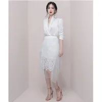 Women Black Blazer and Skirt Set Suit White Blouse and Lace Midi Skirt Two Piece Set OL Women Professional Clothes Female Outfit