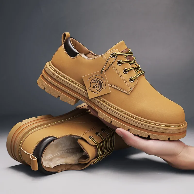 

Мужские ботинки с низким берцем, желтые кожаные ботинки, зимняя теплая Повседневная обувь с мехом, мужские ботильоны, 2023