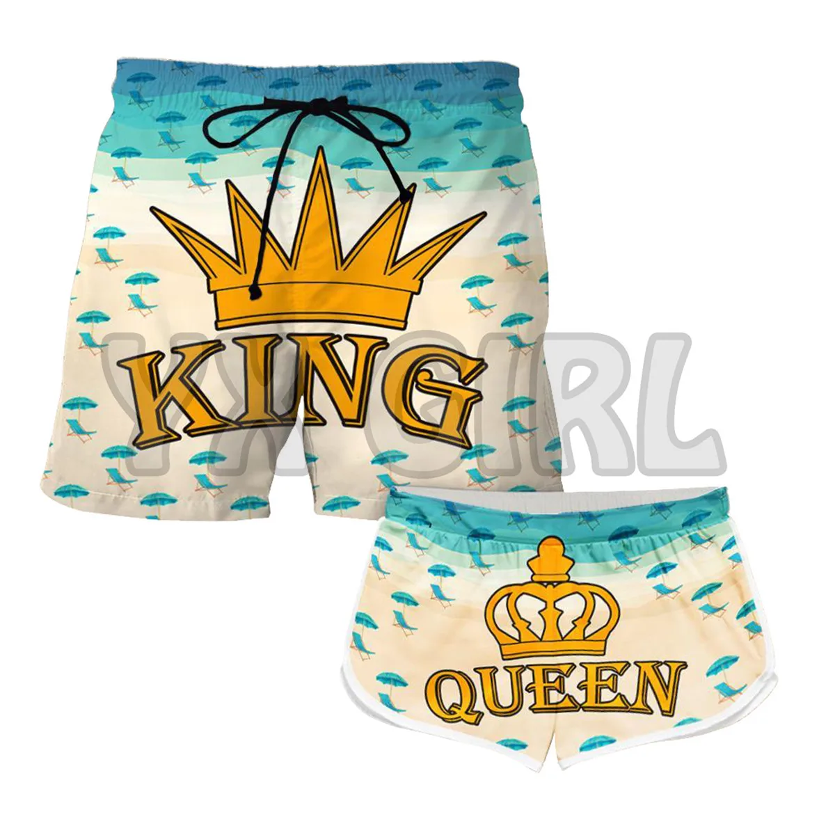 King and Queen  3D All Over Printed Couple Matching Men's Women's Shorts Quick Drying Beach Shorts Summer Beach Swim Trunks