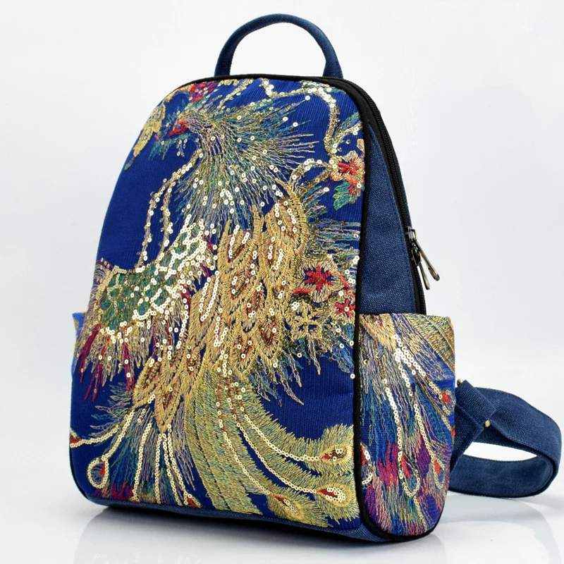 

Retro Female Bookbag Cotton Casuasl Travel Embroidered Canvas Phoenix Bohemia Ethnic Style Girls Backpack for Older Women Mom