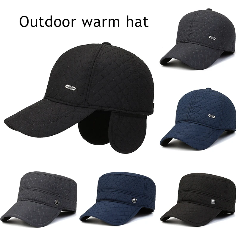 

Dad Hat Baseball Caps Warm Thick With Ear Flaps Diamond Line Autumn Winter Flat Earmuffs Cap Thickened Diamond Baseball Cap